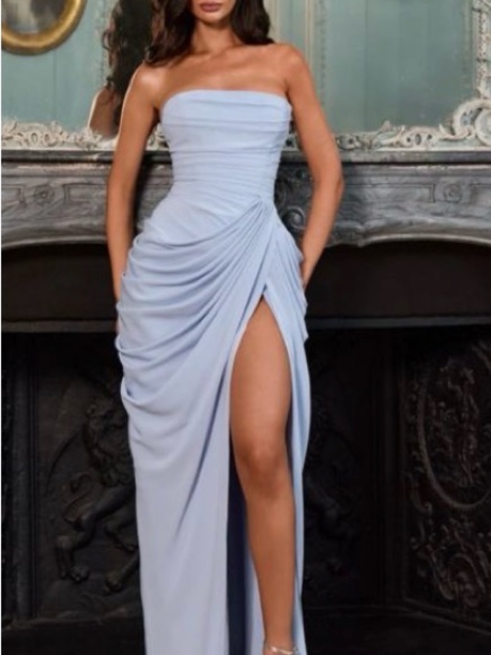Strapless Corset-Back Evening Gown in Light Blue - Picture 2 of 3